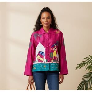 Bleu Bayoo Jacket Vintage 80s Casual Wear Silk Beach Embroidered Lined Size L